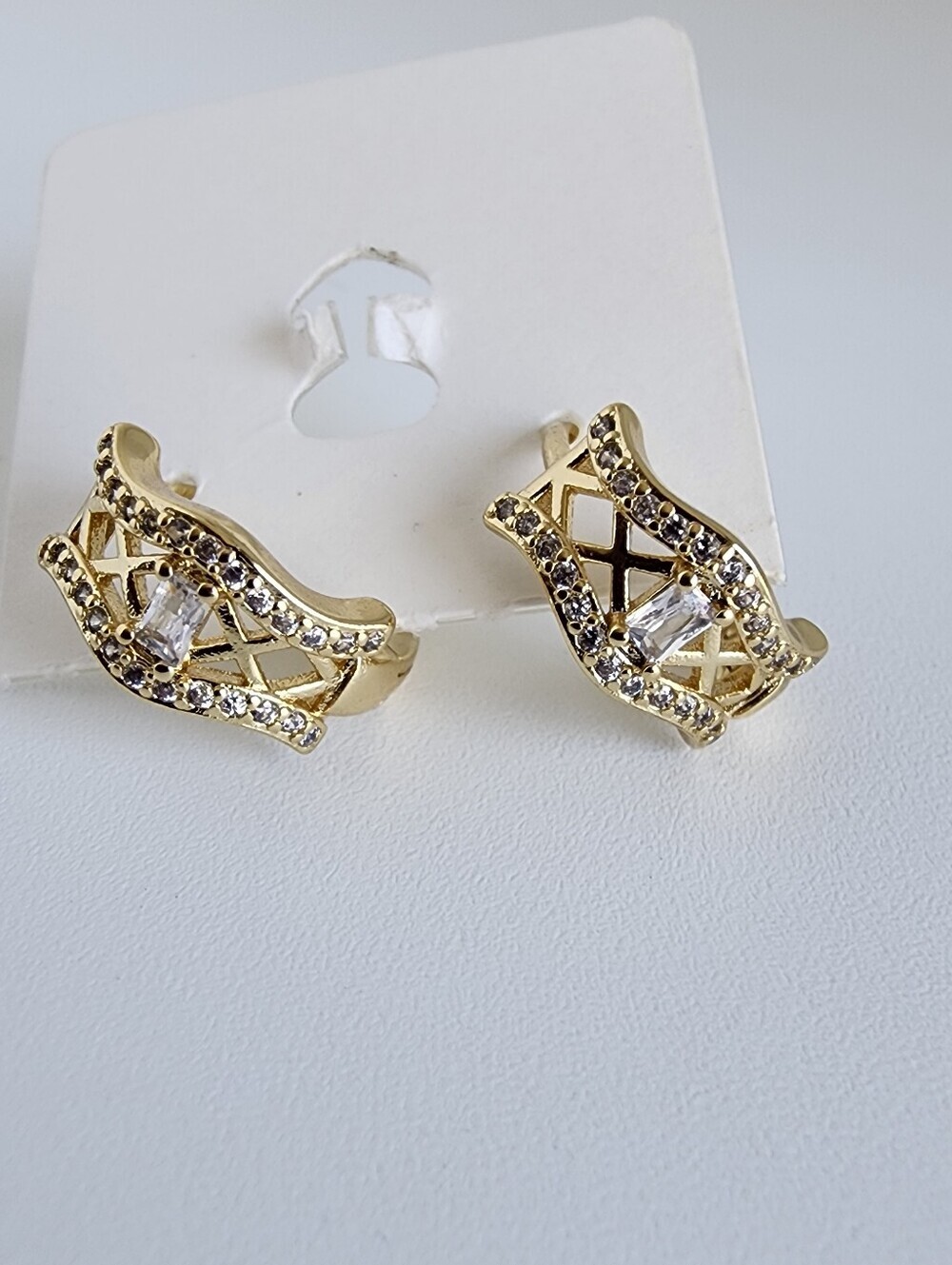 Gold Plated Mini Hoop Earrings CZ Baguette Crystal Lattice Huggies